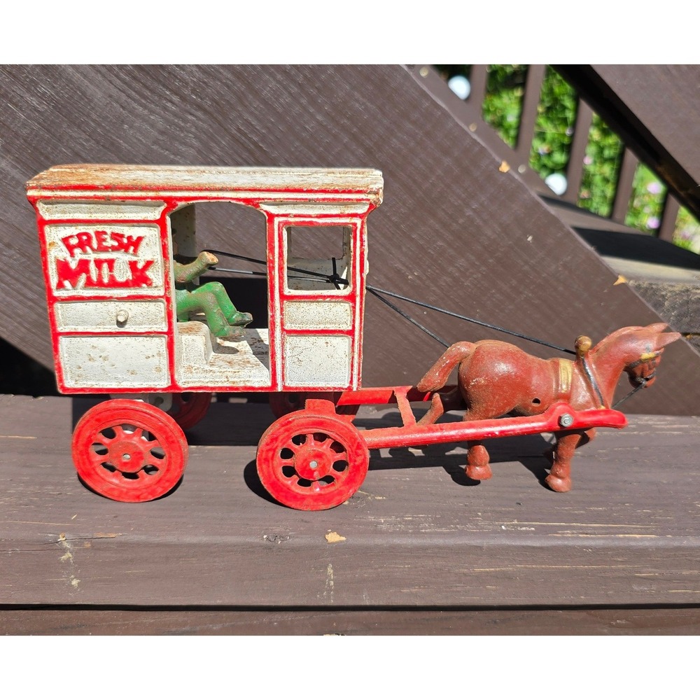 Vintage Cast Iron Horse Drawn Fresh Milk Wagon Toy with Driver Rustic Decor
